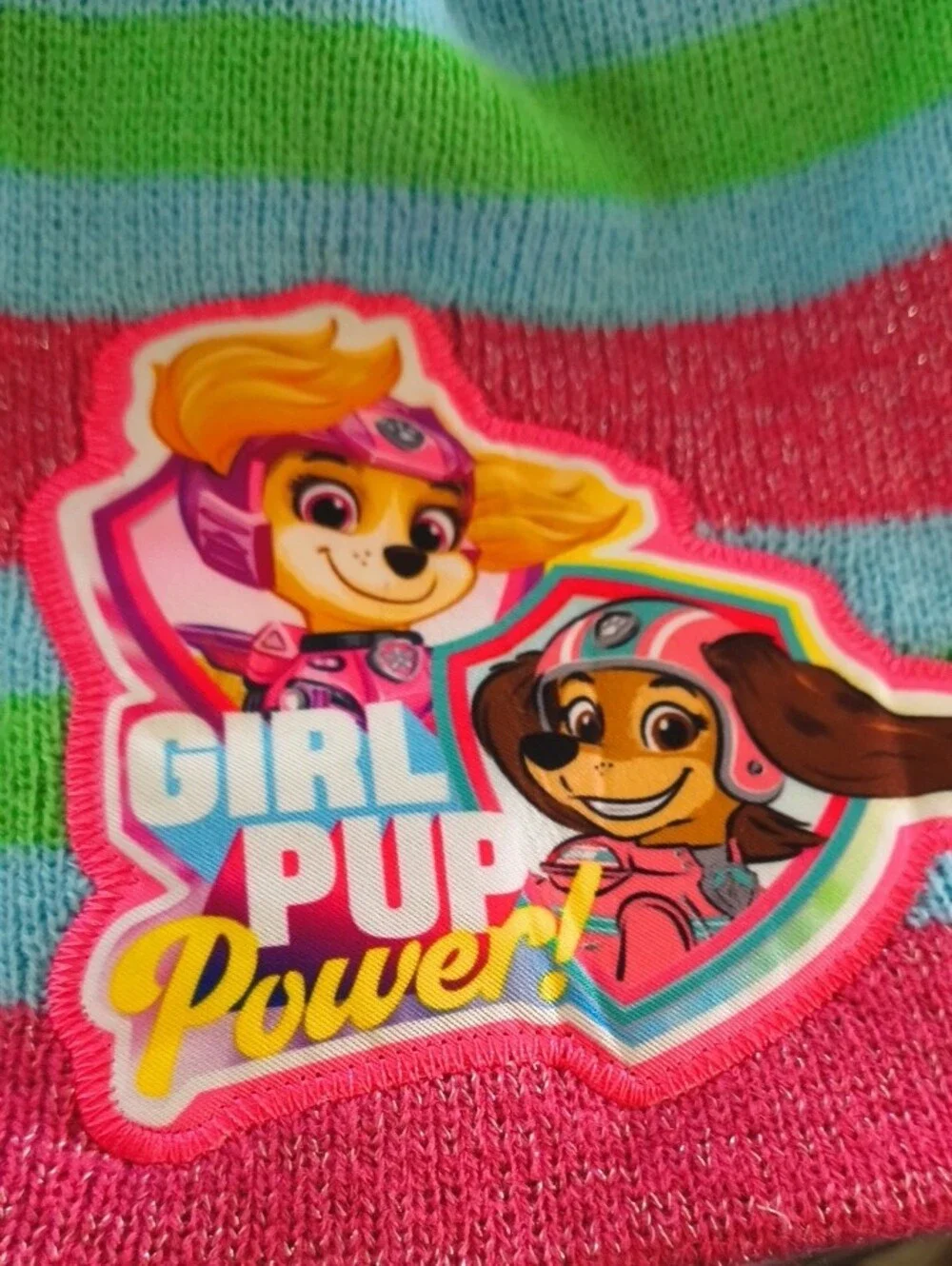 Girls' Paw Patrol Pink & Teal Striped Beanie + Mittens Set